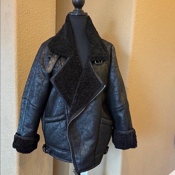 BDG Jackets & Blazers - Black Faux Leather Jacket with Shearling Trim
